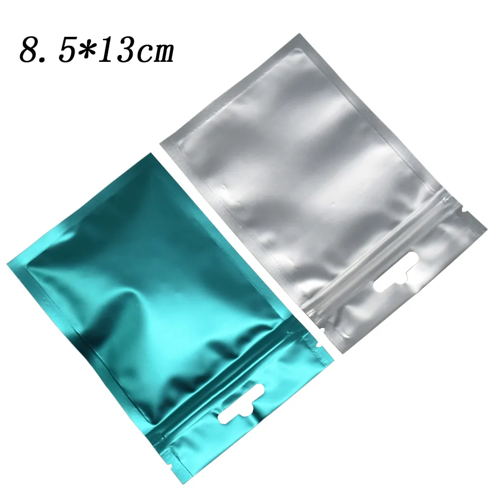 100pcs/lot 8.5*13cm Matte Blue Heat Sealable Aluminum Foil Poly Zipper Bag Frosted Clear Plastic Front Ziplcok Package Pouch With Hang Hole