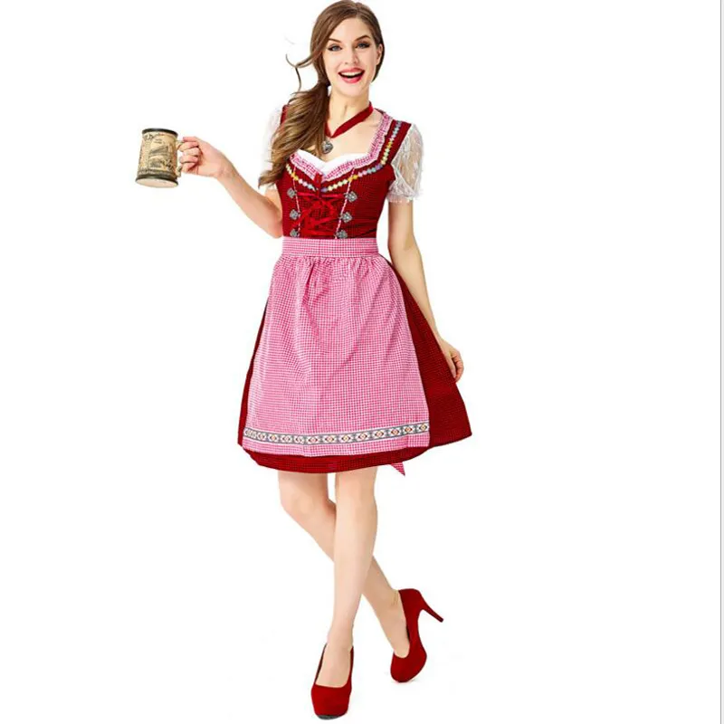 Red Plaid Bavarian Dress Oktoberfest Ladies Waitress Uniform Halloween Cosplay Maid Lace Up Costume Wench Beer Girl Fancy Dress