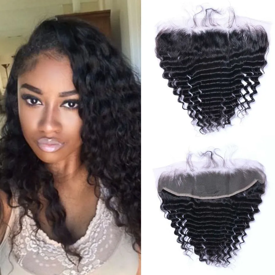 13x4 Ear to Ear Lace Frontals Closure with Baby Hair Peruvian Deep Wave Human Hair Frontal Natural Color