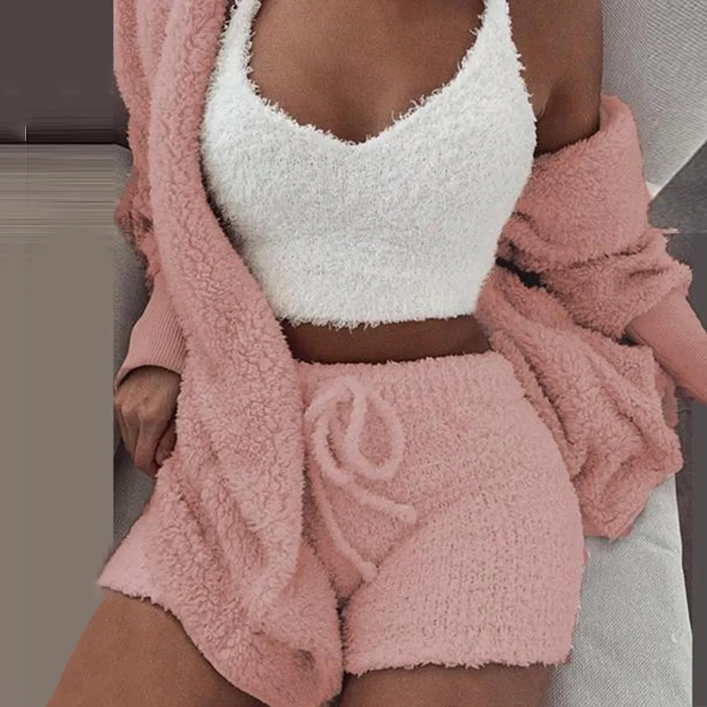 Sfit Soft Long Plush Set Long Sleeve Jacket Women Sexig Crop Top Shorts Suit 2019 New Lady Leisure Sports Set