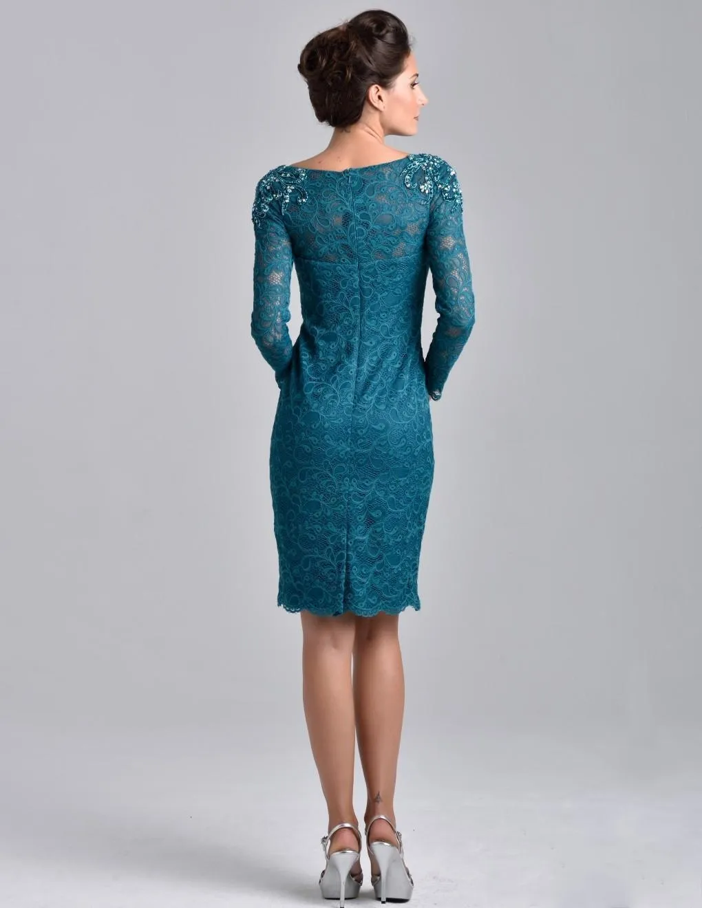 Teal Blue Lace Knee-Length Mother of the Bride homecoming suits with Long Sleeve Scoop Sheath - Formal Party Wear