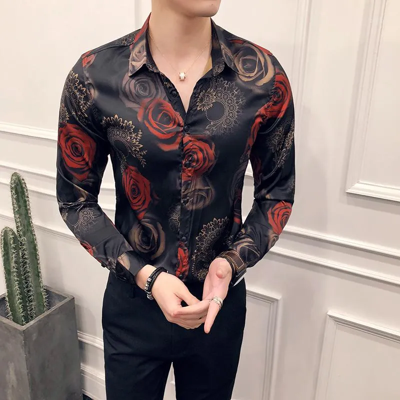 2018 Rose Cópia Floral Camisa Homens Camisa Masculina Slim Fit Hawaiian Camisa de Manga Longa Flor Slim Fit Pron Club Festa1