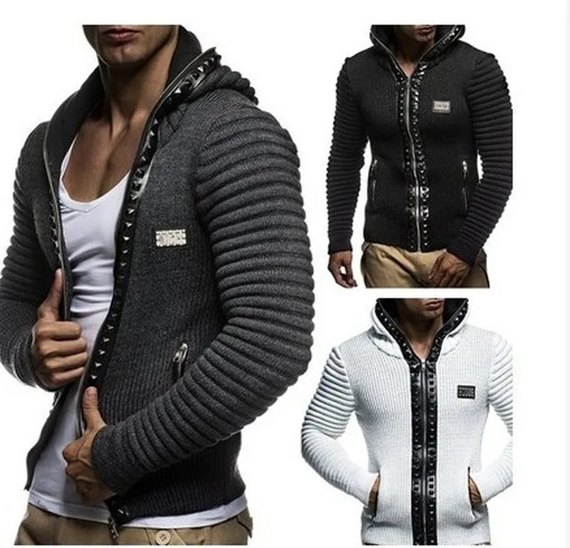 Män Nya Mens Fashion New Brand Mens Höst Tröjor Casual Strikkade Tröjor Solid Hat Rivet Trim Mens Zipper Sweaters Hot Sale