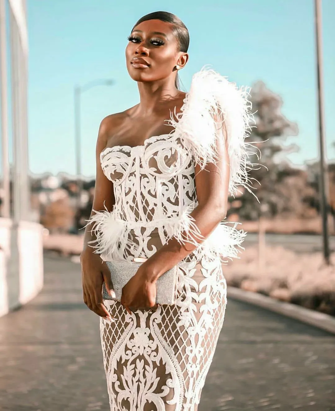 Custom Plus Size strapless Lace mermaid dress with One Shoulder, Lace Appliques, and Feather Detailing - Knee Length Beach Wedding Robe de Marie