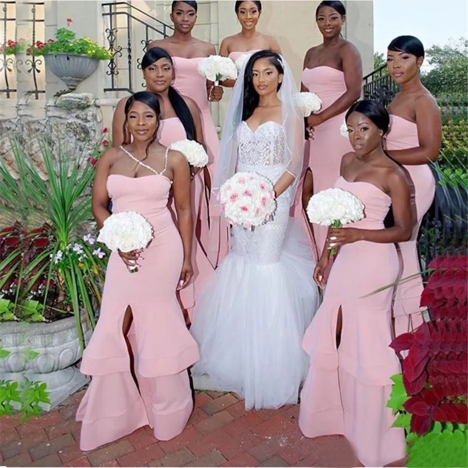 Vestidos de dama de honor baratos de sirena rosa, vestido de novia con volantes en la parte delantera, vestido largo de noche para invitados de boda de talla grande BD8915