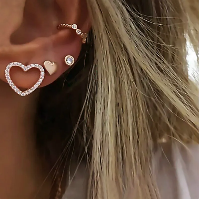 Boucles d'oreilles géométriques en cristal pour femmes, ensemble de 4 pièces, cœur Simple, couleur or, mode bohème, bijoux, vente en gros, cadeau de noël