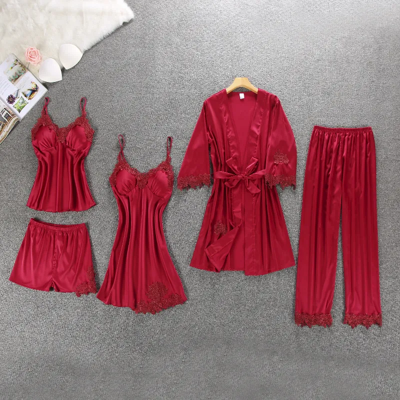 Women's sleepwear red Silk Satin 5pcs Suit Ladies Sexy Pajama Set Female Lace Pyjama Autumn Winter Home Wear nightwear For Women Helps sleep leisure time Holiday