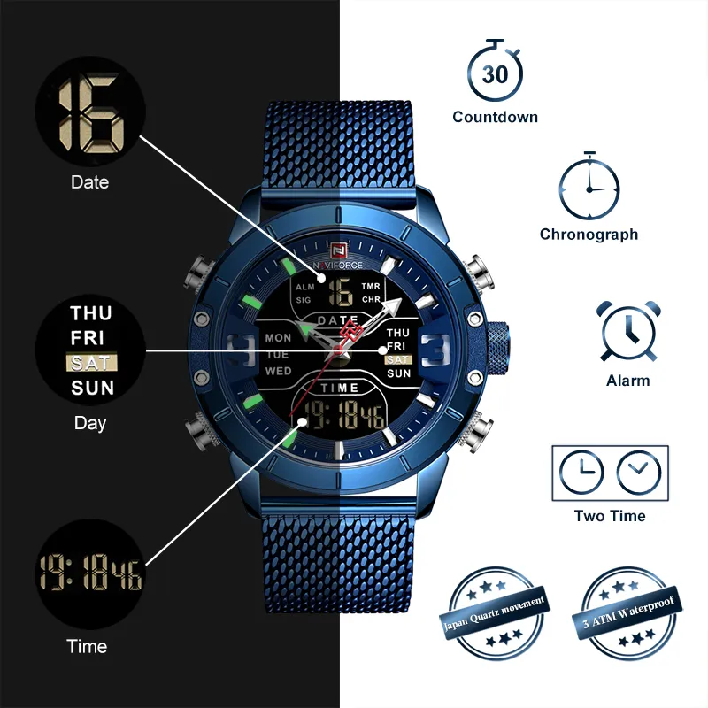 Naviforce новые 9153 спортивные цифровые военные мужские часы лучший бренд класса люкс со стальным ремешком наручные часы Relogio Masculino montre homme344I