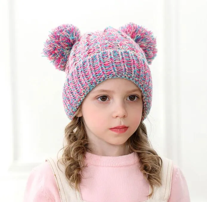 Cartoon Cute Crochet Winter Cat Ear Hat Czapka Czapka Ciepłe Dzieci Zima Kot Uszu Dzianiny Czapki z dwiema kuli 12 kolorów