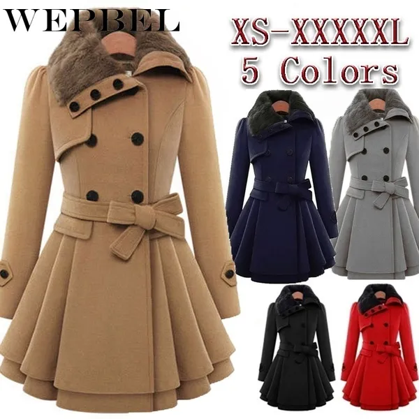 Wepbel Womens Vintage Woolen Płaszcz Double Klamra Trench Płaszcze Lady Fur Collar Peafoat Winter Płaszcz Kurtki Znosić Plus Size 5XL