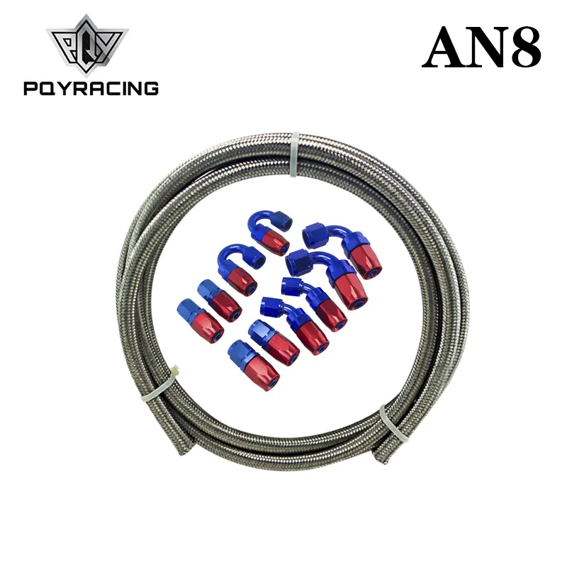 PQY - AN-8 STEELNESS/STEEL BRAIDED 5M AN8 STAINLESS OIL/RACING HOSE FUEL OIL LINE+8AN Fitting 8-AN Hose End Adaptor KIT PQY7113+