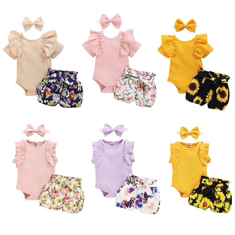 Baby Girl Cute Clothing Set Candy Color Ruffle Sleeve Romper + Floral Print Shorts with Headband 3pcs/set Sweet Infant flower Outfits M1969