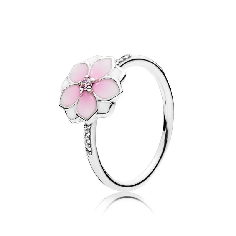 Original 925 Sterling Silver Pan Ring Magnolia Bloom Women Anniversary Party Gift Wedding Rings Europe Fashion Jewelry W151