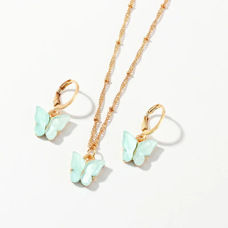 2020 Schmetterling Anhänger Halsketten und Ohrringe Set für Frauen Mädchen Mode Rosa Gold Halskette Elegante Choker Mode Süße Schmuck Geschenk