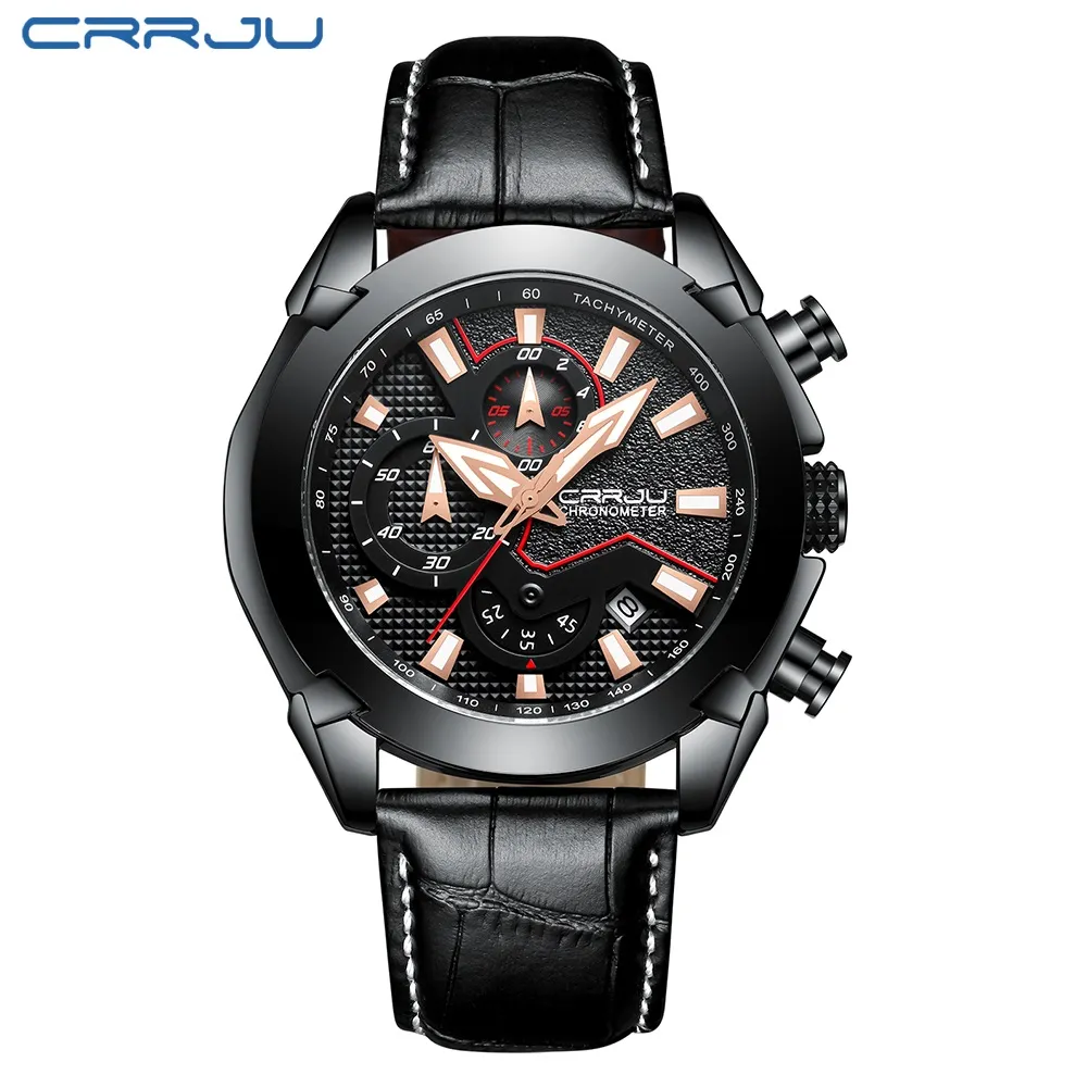 Relogio Masculino watches CRRJU Men's Black Dial Watch Military Date Quartz Watches with Leather Belt Mens Luxury Waterproof 254z