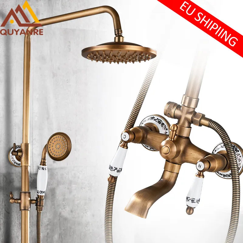 Antique Brass Shower Faucets Set Ceramic Porcelain Shower Swivel Spout