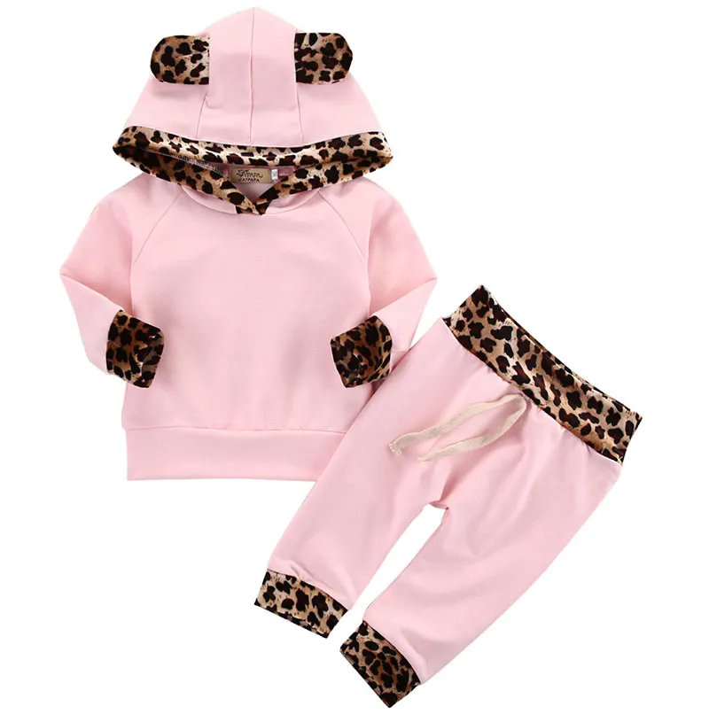 Leopard Print Infant Clothes: Baby Girls Pink Hoodie Set Long