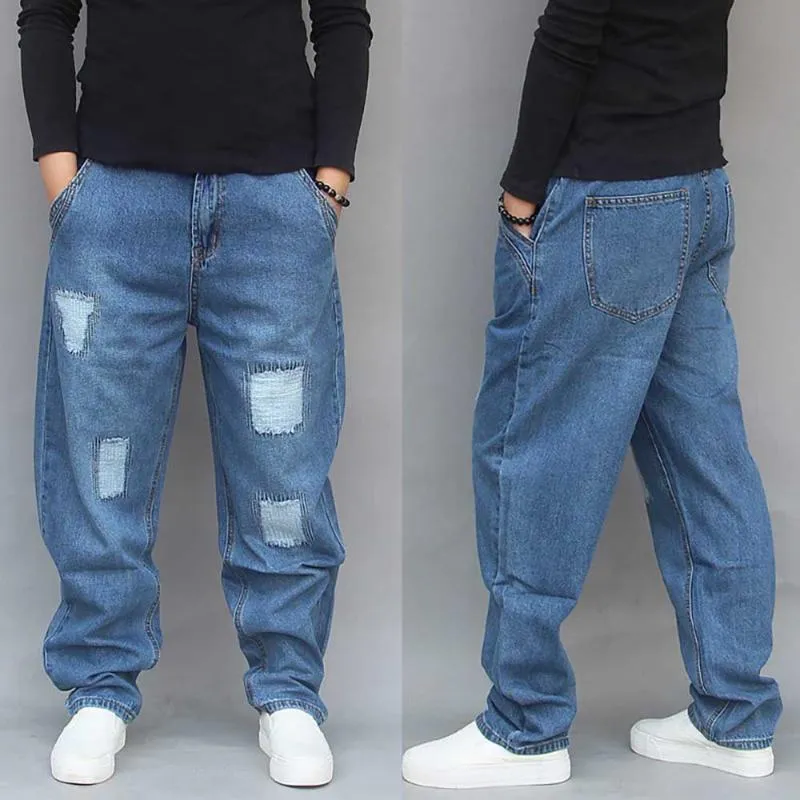 Jeans Masculinos Harem Rasgado Homens Soltos Folhosas Calças De