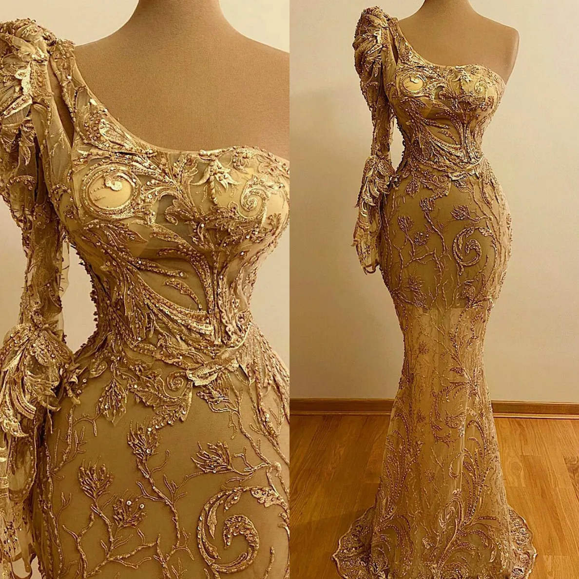 2020 Abiti da sera eleganti Una spalla Maniche lunghe Pizzo Paillettes Abiti da ballo Custom Made Sweep Train Mermaid Abito per occasioni speciali