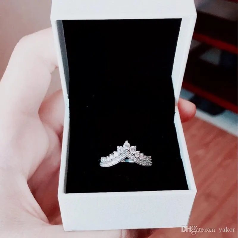 Przyjazd kobiety pierścionki z koroną księżniczki z oryginalnym pudełkiem na prezent dla Pandora 925 Sterling Silver CZ Diamond Ring Set