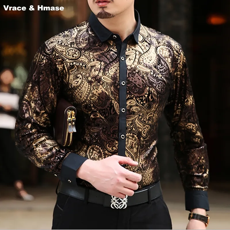Europejski styl Spersonalizowany Drukowanie Stemplowanie Luksusowy Koszula z długim rękawem High-End Gold Velvet Miękka Najwyższej Jakości Koszula Mężczyźni M-XXXL