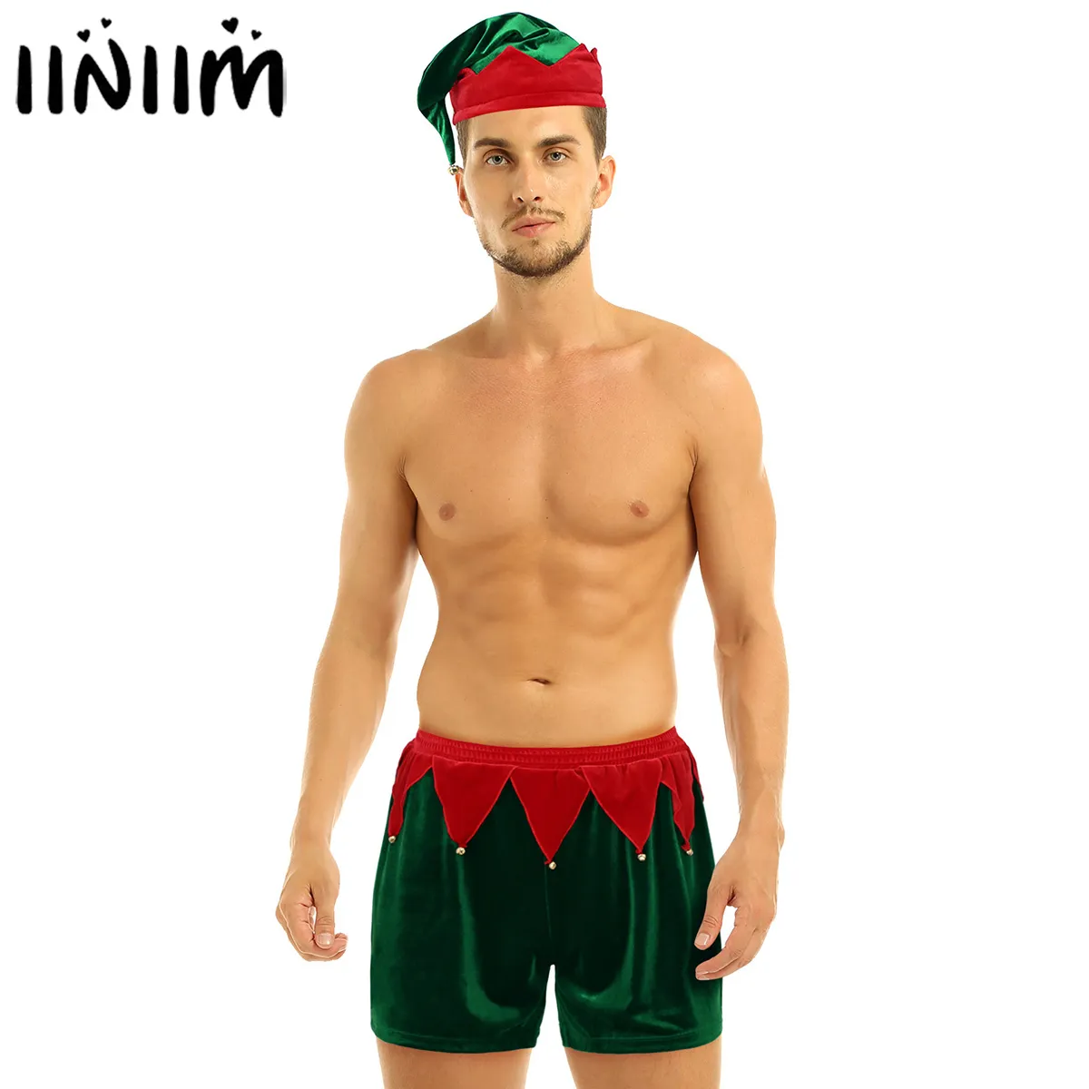 Noël Sexy Lingerie Set Mens Hot Boxer avec cloches Chapeau de Noël vert Elf Cosplay Outfit Homme Club Wear Fancy Dress LY191222