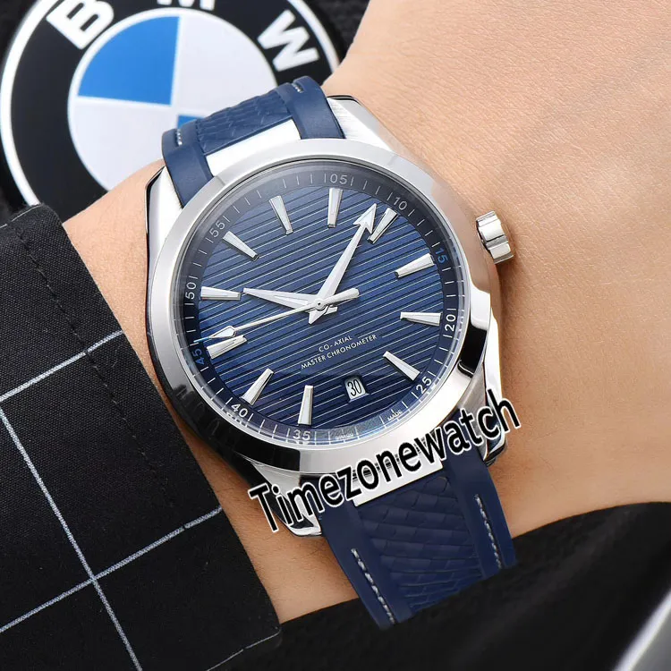 Ny 41mm Aqua Terra 150m 220.12.41.21.03.001 Blue Texture Dial Automatic Mens Watch Steel Case Blue Rubber White Line Klockor TimeZoneWatch