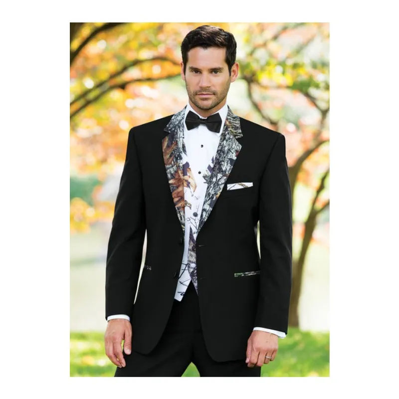 New Black and Camo Groom Tuxedos 2019 Notched Lapel Two Button Three outside pocket Slim Fit Business Men Suits Prom suit (Jacket+Pant +Bow)