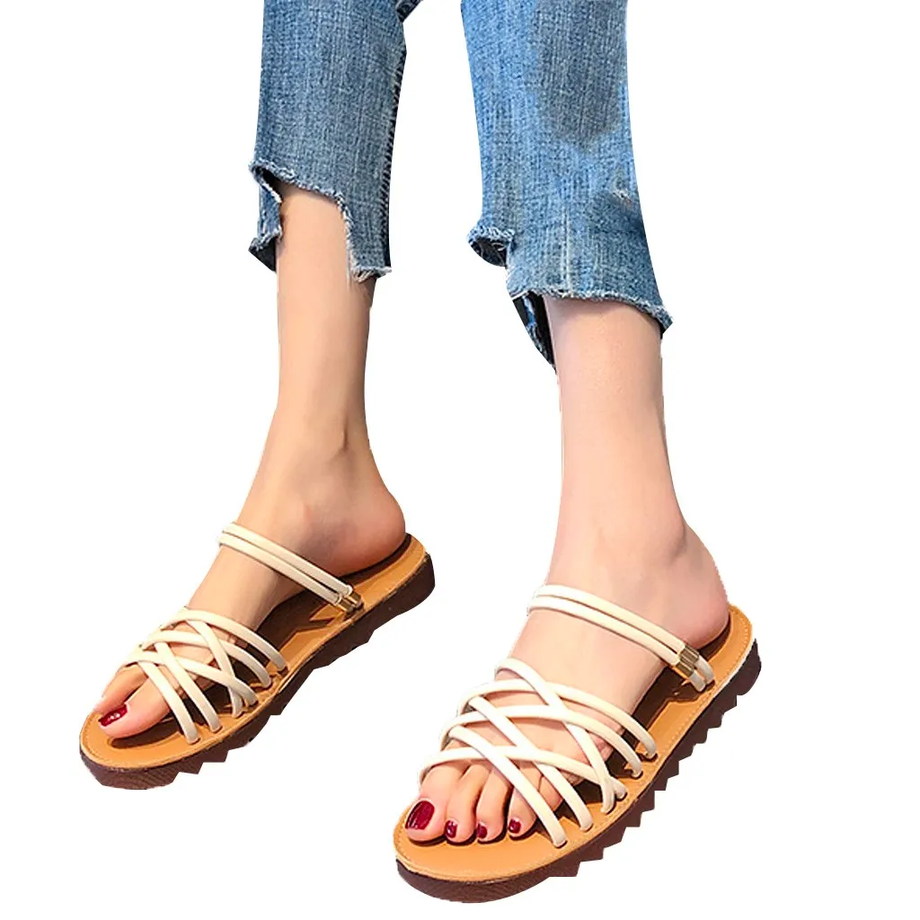 Chamsgend kadın yaz sandaletleri açık ayak parmağı kayışları plaj terlikleri düz ayakkabılar vahşi rahat rahat sandaletler düz sandalet