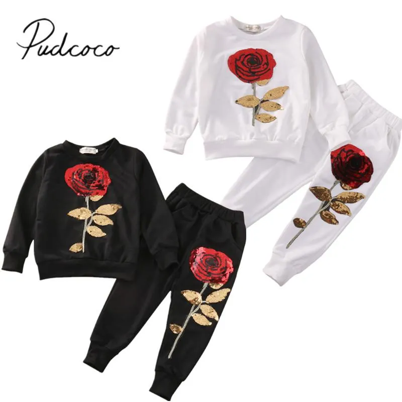 NOUVEAU TODDLER BANDED KIDS 2PCS Girls Sequins Rose Tenues de vêtements T-shirt Long Pantal