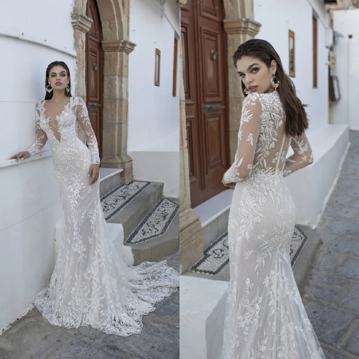 Rokman Elegant Lian Mermaid Wedding Dresses Appliqued Lace Sheer Deep V Neck Bridal Gowns Sweep Train Country Robe De Mari e