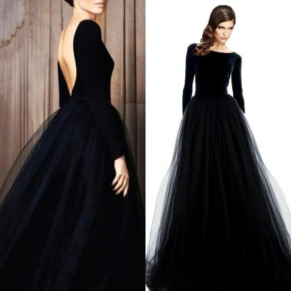Stunning Black Long Sleeve Velvet Evening Dresses Bateau Neck Open Back Prom Dress Tulle Skirt Floor Length Formal Party Wear