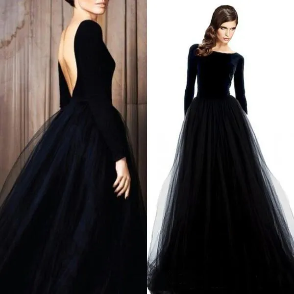 Stunning Black Långärmad Velvet Evening Klänningar Bateau Neck Open Back Prom Dress Tulle Kjol Golv Längd Formell Party Wear