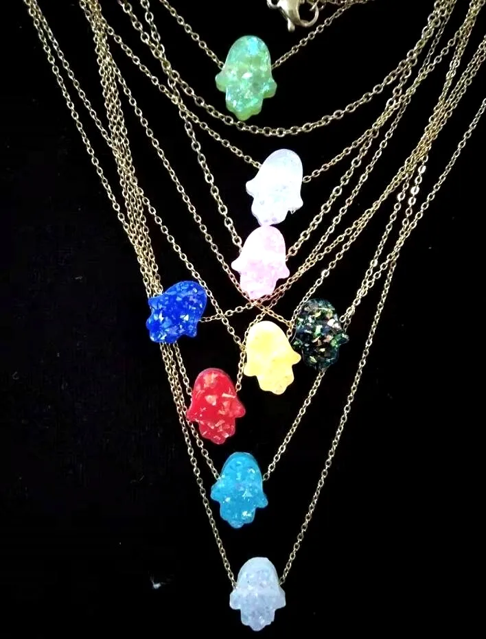 Flera färger Hamsa Opal Stone Pendant Halsband Fatima Hand 100% Rostfritt Stål Guldkedja Choker Gifts Femme