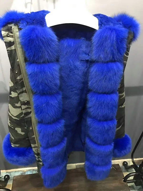 Parka da neve con protezione dal freddo blu Abbottonatura mrs furs fodera in pelliccia di volpe e coniglio lungo donna Parka mimetico