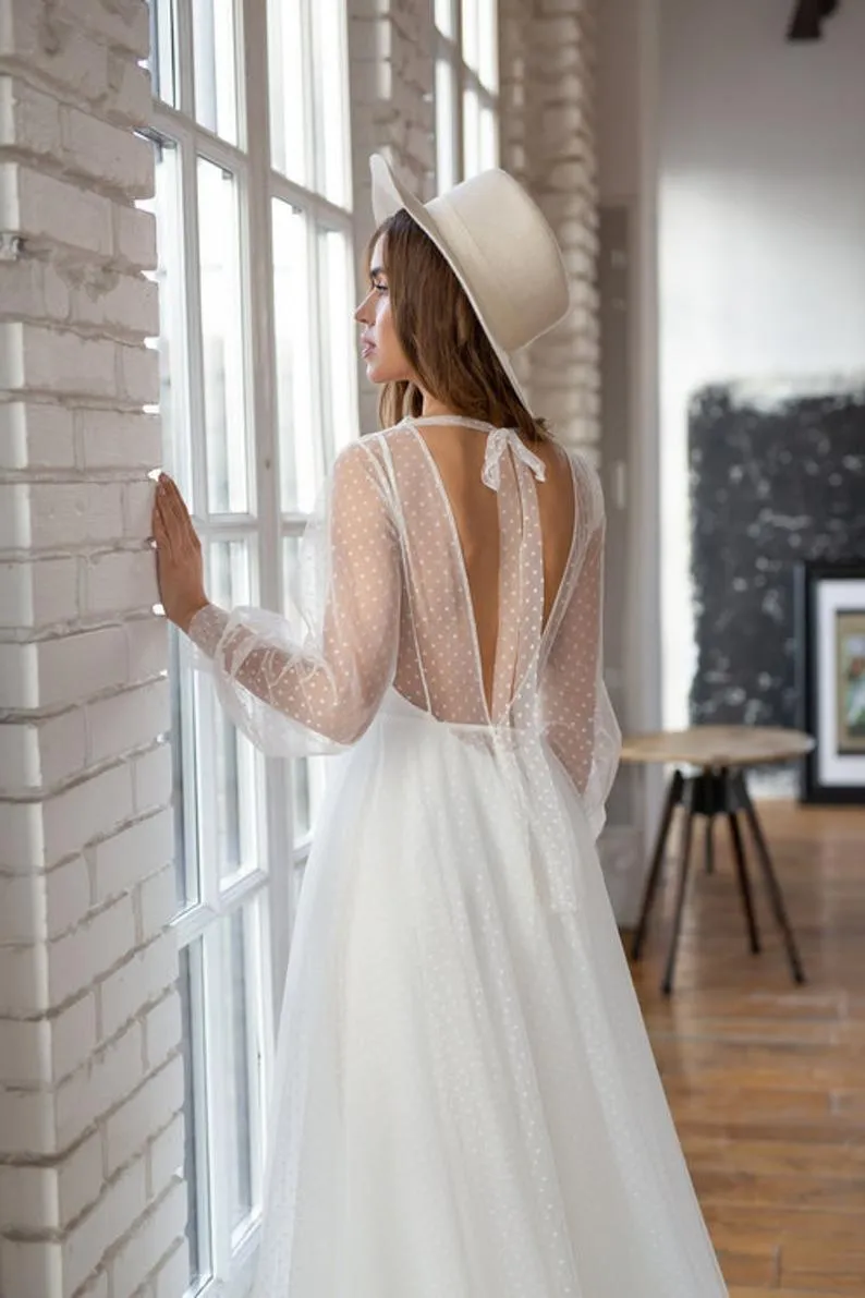 Bohemian Lace Long Sleeve dress wedding - Long Sleeve A-Line with Open Back for Wedding, Beach Reception - 2019 Summer Collection (Style 0510) Bohemian Lace Long Sleeve dress wedding - Long Sleeve A-Line with Open Back for Wedding, Beach Reception - 2019 Summer Collection (Style 0510)