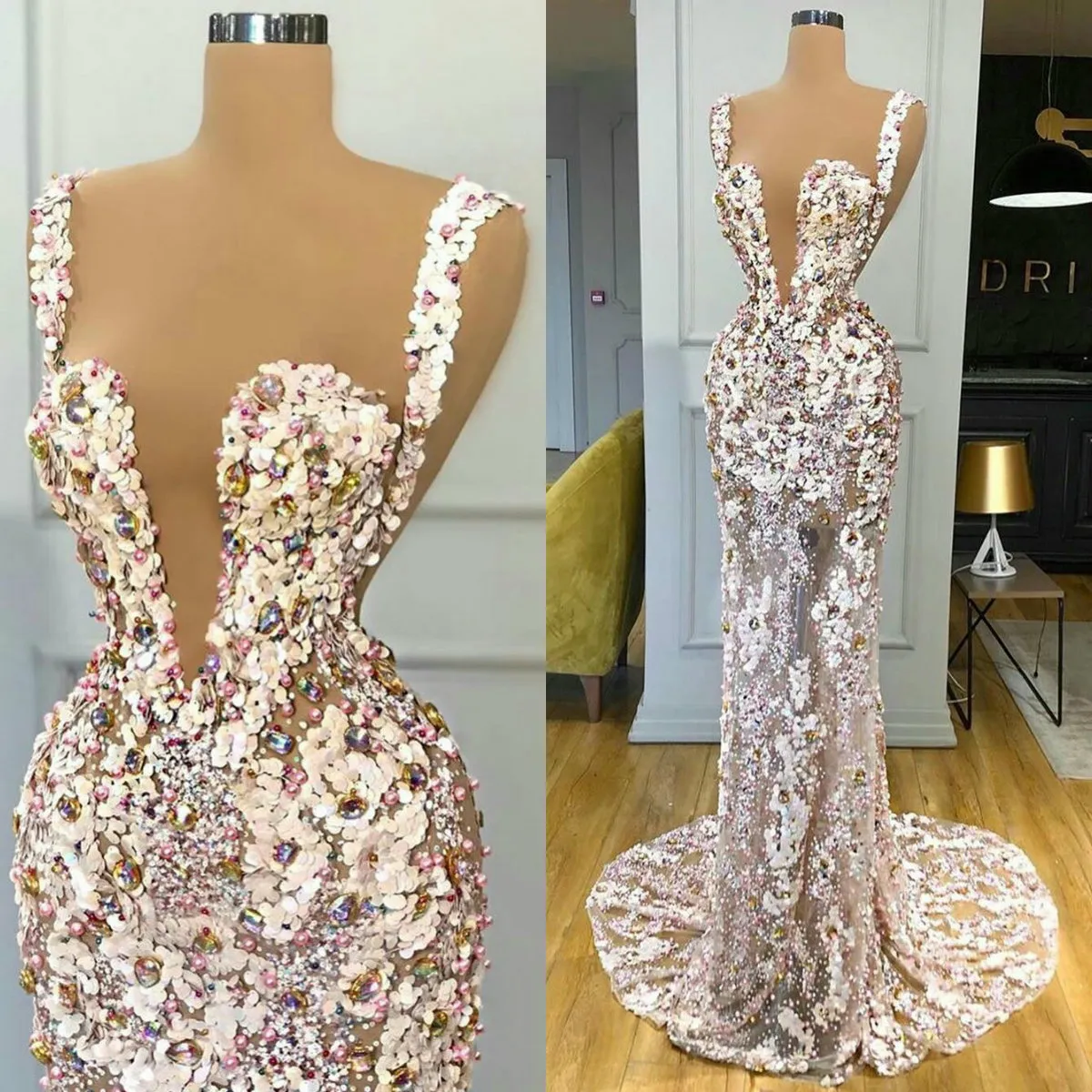 Prachtige 3D Floral Applicaties Avondjurken met Kristallen Illusie Deep V-hals Pearls Prom Gowns Luxe Mode Designer Celebrity Jurk