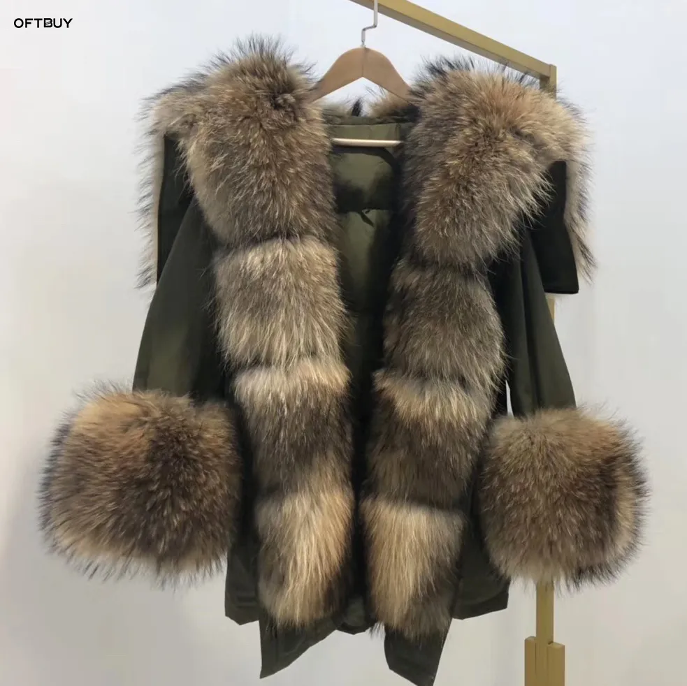 2019 Winter Jacke Frauen Echt Pelzmantel große Natürliche waschbären Pelz Kragen lange parka weiße ente unten jacke streetwear korea mode