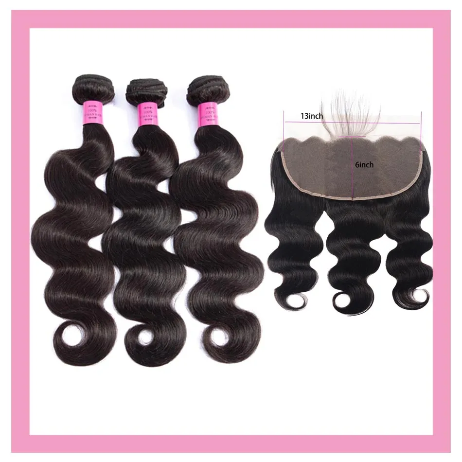 Cheveux vierges brésiliens 3 paquets avec 13X6 dentelle frontale pré-cueillies Extensions de cheveux de vague de corps 4 pièces trames de cheveux humains Remy bon marché avec frontaux