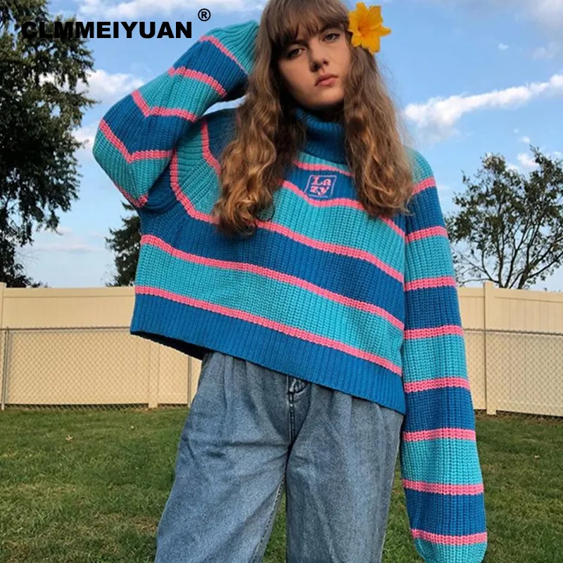 Sweet Light Color Rolo Listrado Pescoço Jumper Sweater Bordado Letra Lazy Oaf Turtleneck Oversized Chunky Knit Pullovers 2019