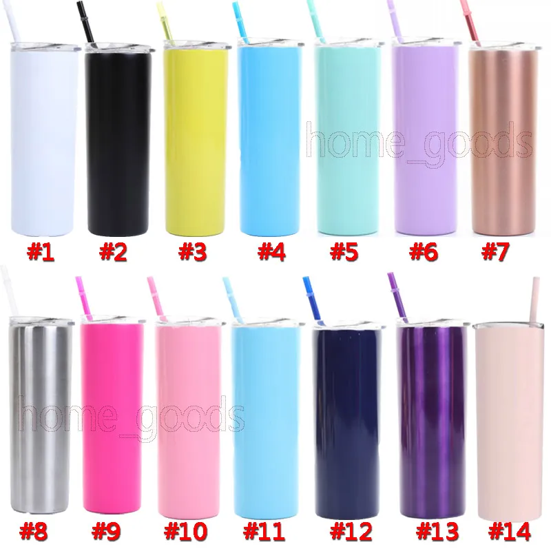 20oz Stainless Steel Skinny Tumbler with Lid and Straws water bottle Double Wall Vacuum Insulated straight tumblers coffee mugs beer Cups