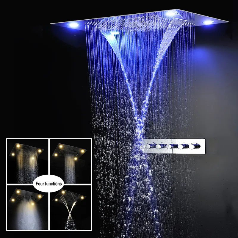 Salle de bain moderne 31 "grand ensemble de douche de pluie plafond 4 fonctions LED pomme de douche cascade SPA brouillard système de panneau de bain froid et chaud