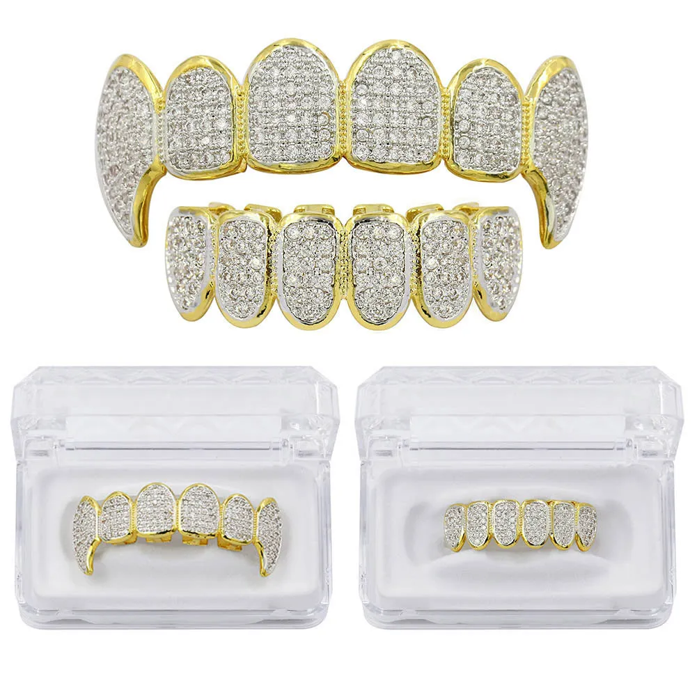 Hot Iced Out CZ Stone 18k Gold Plated Grillz Set 6Top Bottom Grills Dental Mouth Caps