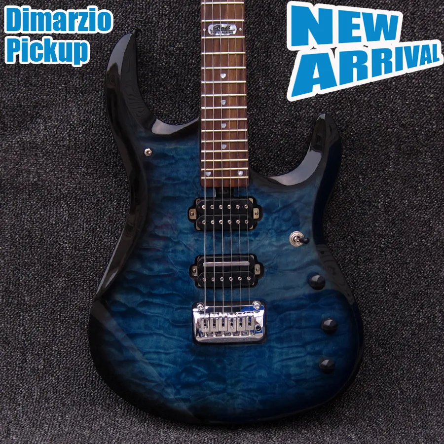 Custom JPX Ernie Ball John Petrucci Black Blue Quilted Maple Top Electric Guitar Double Locking Tremolo Bridge, Locking Tuners