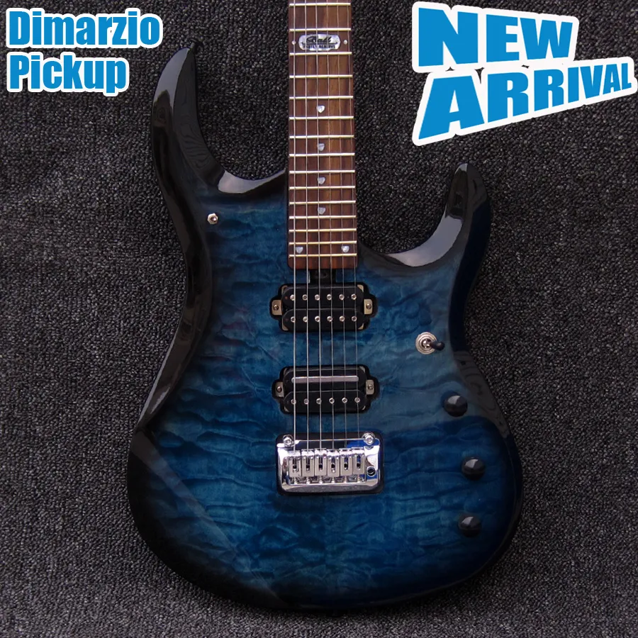 Niestandardowy JPX Ernie Ball John Petrucci Black Blue Pikowany klon Top Gitara elektryczna Podwójna Blokowanie Tremolo Bridge, tunery blokujące