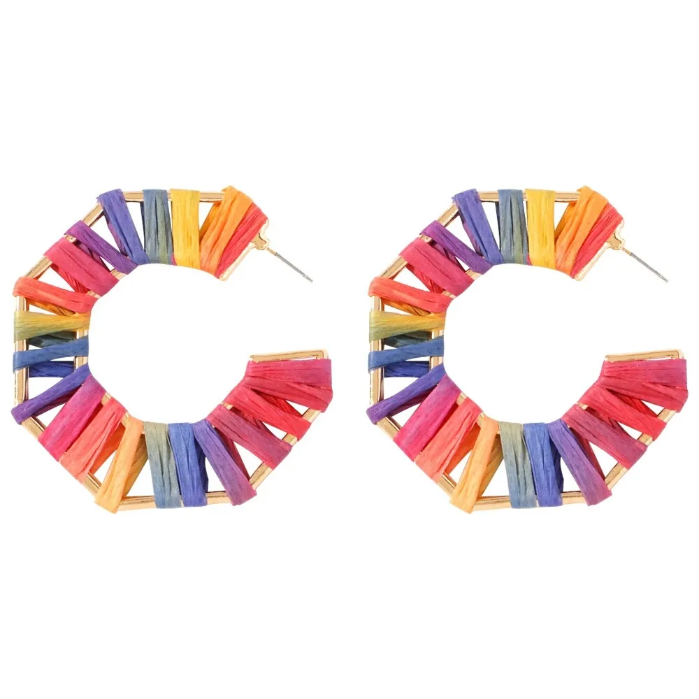 Gros-paille tressée C boucles d'oreilles pour femmes colorées huggie balancent boucle d'oreille bohème style de vacances mode bijoux d'oreille 9 couleurs jaune