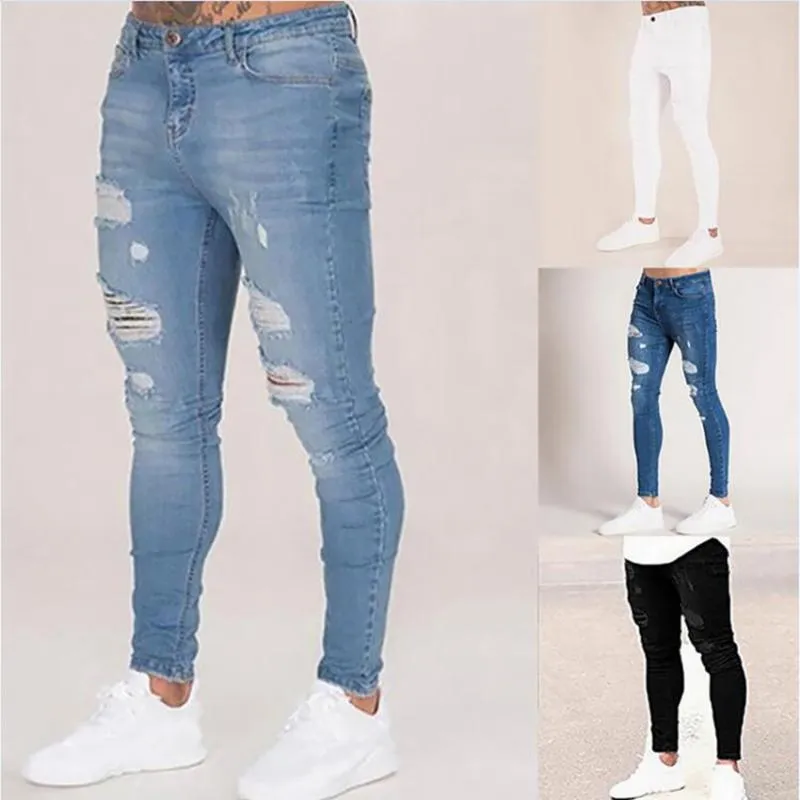 Männer Jeans Herren Einfarbig Herbst 2021 Mode Dünne Bleistift Denim Hosen Sexy Casual Loch Ripped Design Für Männer Streetwear