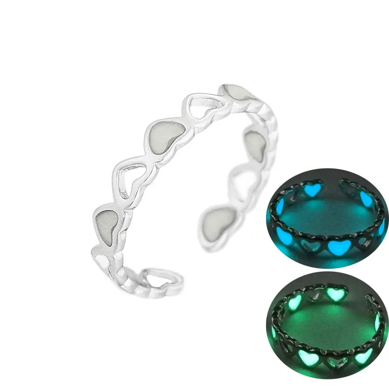 Nuevos anillos abiertos luminosos de corazón de amor para mujer, anillo de dedo de boda que brilla en la oscuridad, regalo de joyas de fiesta a la moda