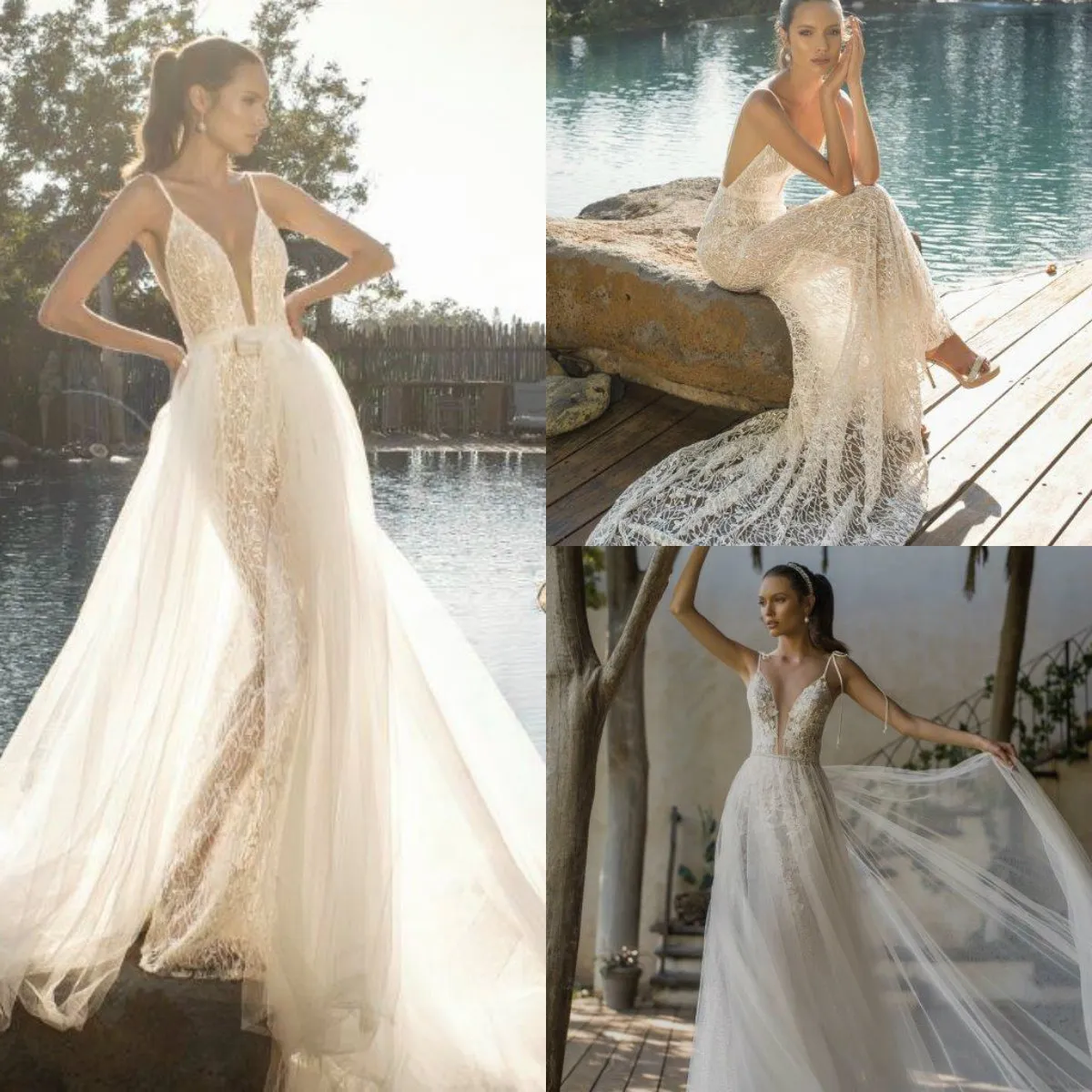 Abiti da sposa a sirena Julie Vino con strascico staccabile scollo a V profondo applicazioni in pizzo abiti da sposa abito da sposa senza schienale in spiaggia di pizzo