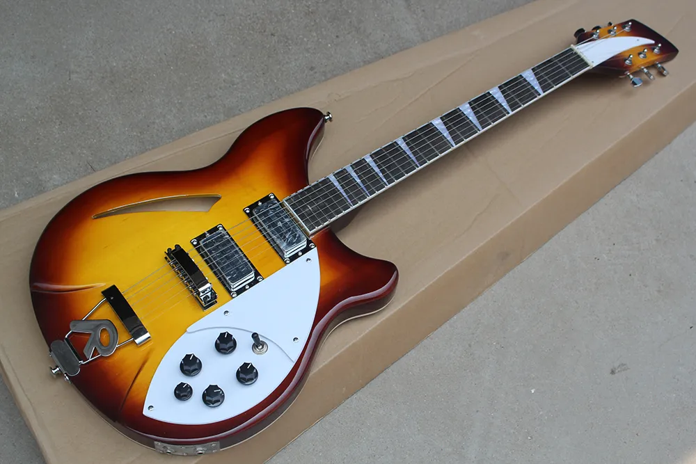 Factory Custom Semi-Hollow Tobacco Sunburst elektrische gitaar met 6 snaren, chromen hardware, witte slagplaat, kan worden aangepast